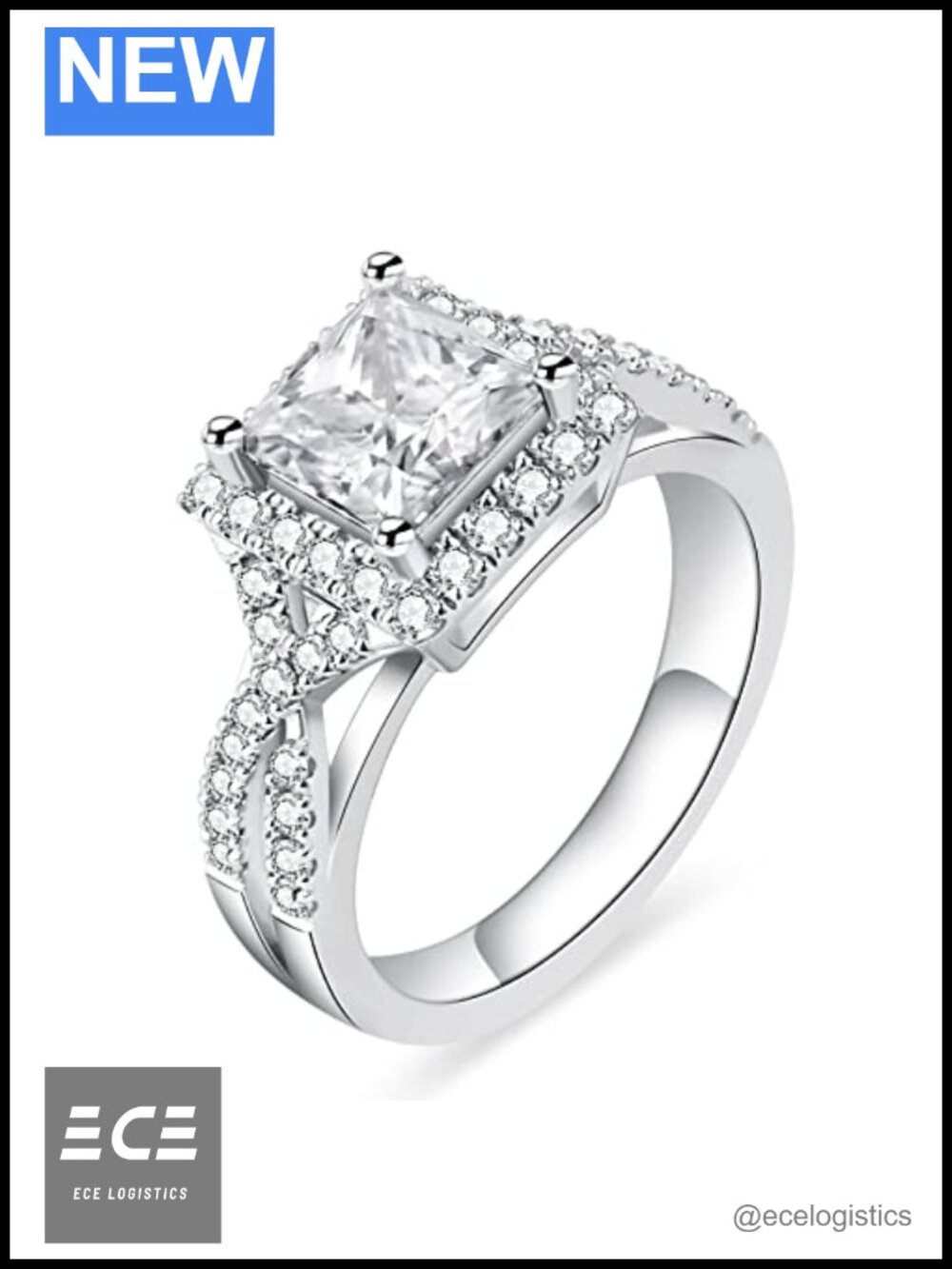 Princess Cut Moissanite Halo Ring 18K White Gold Plated S925 Sterling Silver